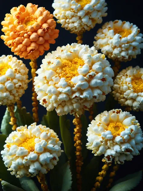 A macro photograph of a popc infused bouquet of flowers, each kernel bursting from the petals, set against a soft-focus garden background, taken with a Sony A7R IV for fine detail <lora:popc:1.5> <lora:EnvyBetterHiresFixXL01:0:hr=1>