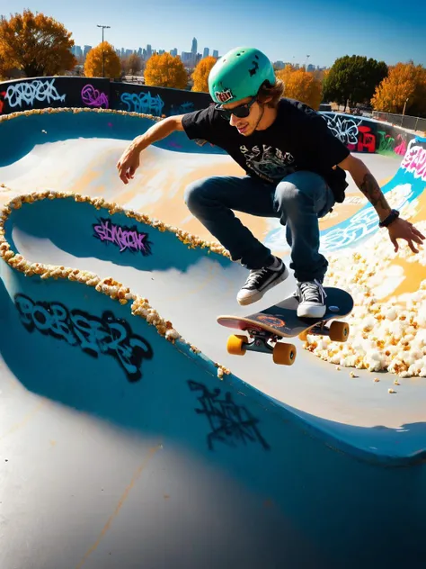 An action shot of a skateboarder mid-trick on a popc coated ramp, the background a graffiti-covered skate park, frozen in time with a high-speed Panasonic Lumix DC-S1R <lora:popc:1.5> <lora:EnvyBetterHiresFixXL01:0:hr=1>