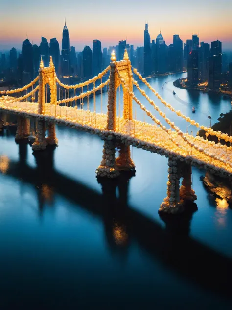 An architectural photo of a modern popc  bridge over a serene river, the city skyline at dusk in the background, captured with a Sony Alpha 1 for its depth and dynamic range <lora:popc:1.5> <lora:EnvyBetterHiresFixXL01:0:hr=1>