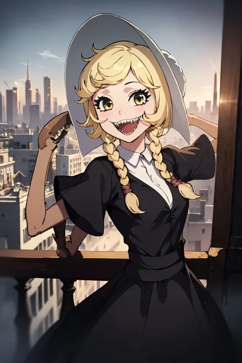 (masterpiece, best quality:1.2), solo, 1girl, cordie, anthropod girl, sharp teeth, grin, looking at viewer, twin braids, hat, black dress, cityscape scenery <lora:cliffside_cordie:1.0>