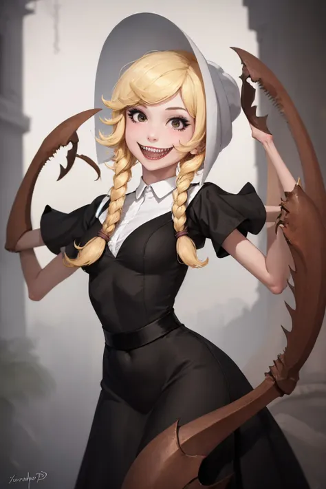 (masterpiece, best quality:1.2), solo, 1girl, cordie, anthropod girl, sharp teeth, grin, looking at viewer, twin braids, hat, black dress <lora:cliffside_cordie:1.0>