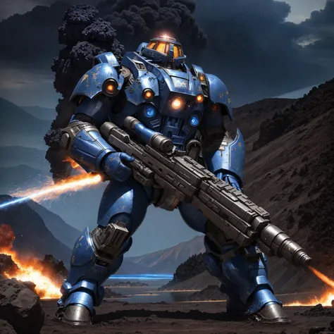 <lora:TerranTech R1:0.7> RAW Photography of a (t3rran:0.9) combat marine, blue steel, 8k 4k resolution, full portrait, heavy canons, cinematic, (detailed visor:1.1), lowkey, molten lava battlefield, volcano region, natural lighting, digital photo