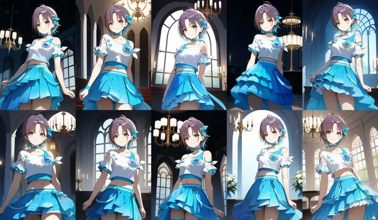 score_9, score_8_up, score_7_up, score_6_up, score_5_up, score_4_up, source_anime, bbtoru, short hair, gradient hair, ahoge, hair ornament, hair ribbon, blue choker, collarbone, idol clothes, white shirt, shoulder cutout, short sleeves, midriff, blue skirt, <lora:asakura_toru_ponyxl_v1:0.9>, standing, cowboy shot, chandelier, indoors, smile, closed mouth,