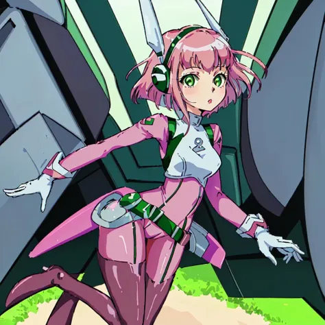 <lora:Gundam_Reconguista_in_G-10:1>outdoor,Masterpeace,high quality,Gundam_Reconguista_in_G, 1girl, solo, short hair, white bow,pink hair, sleeveless, pink eyes, knee boots, cheerleader,red One-piece dress