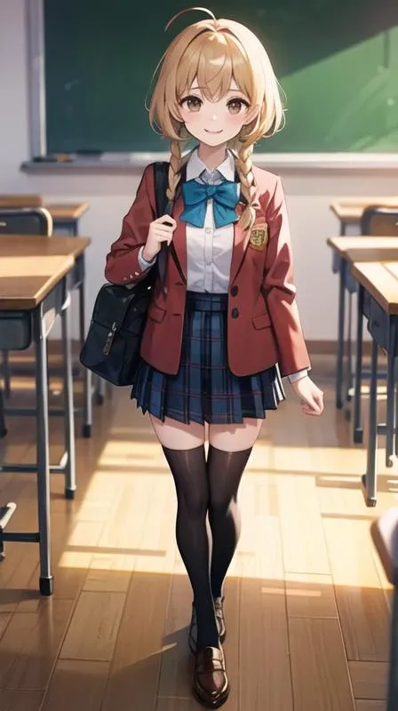 1girl,solo,school uniform,red jacket,brown skirt,plaid skirt,pleated skirt,school bag,bowtie,white thighhighs,hair ribbon,
blonde hair,brown hair,short hair,short hair with long locks,twin braids,sidelocks,ahoge,
brown eyes,smile,
looking at viewer,standing,
indoors,classroom,school desk,