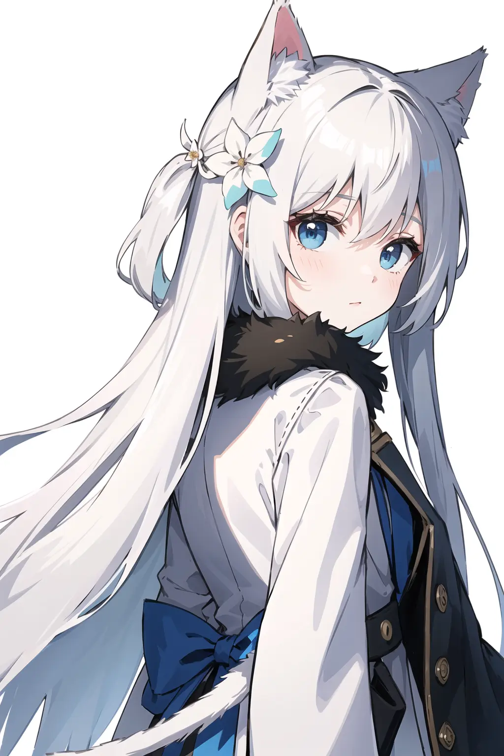 {{{masterpiece}}},{{{best quality}}}, looking at viewer, white hair, long hair, hair ornament,loose coat, cute, white flower, parted ,background,dynamic angle, ,Cat ears ,{{Blue pick dye}},little girl , white legwear,upper body,paw gloves,looking back