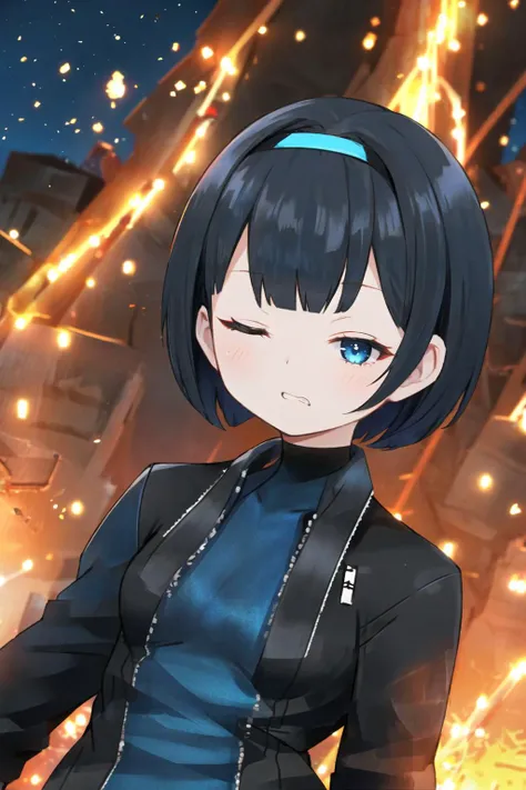 <lora:LibraryOfRuina-000006:1.0>, night, outdoors, 1girl, solo, bodysuit, bob cut, blunt bangs, one eye closed, hairband, clenched teeth, blue eyes, fire, black hair