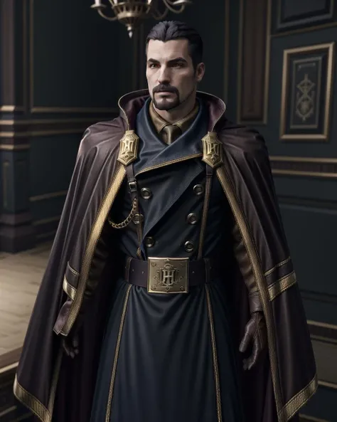 yasker, blue military coat, long purple cloak, high collar, golden edgings, cowboy shot, adult, leather belt, 1boy, standing, frontal view, <lora:yasker-000012:0.7>