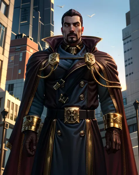 yasker, blue military coat, long purple cloak, high collar, golden edgings, cowboy shot, adult, leather belt, 1boy, walking, frontal view, outdoors, city street, <lora:yasker-000012:0.7>