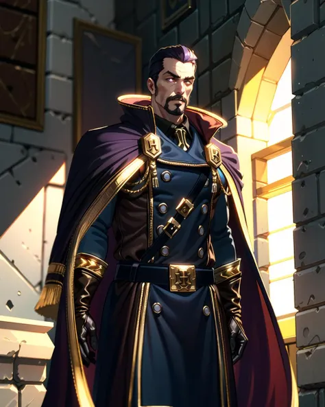 yasker, blue military coat, (long purple cloak), high collar, golden edgings, cowboy shot, adult, leather belt, 1boy, walking, frontal view, <lora:yasker-000012:0.7>, dynamic pose