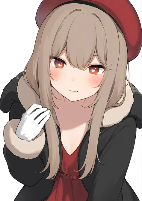 1girl, 
amashiro natsuki, 
mole, solo, white background, fur trim, closed mouth, fur-trimmed hood, red hat, brown hair, blush, dress, red dress, gloves, hood down, heart, open clothes, mole under mouth, long sleeves, upper body, sidelocks, black jacket, sleeves past wrists, character hat, simple background, heart in eye, puffy sleeves, open jacket, fur-trimmed jacket, hair between eyes, hooded jacket, hand up, beret, puffy long sleeves, hat, white gloves, symbol in eye, jacket, brown eyes, hood, 
masterpiece, best quality, absurdres, highres, safe
 <lora:amashiro_natsuki_image341_2024-03-28_a31-000030:1>