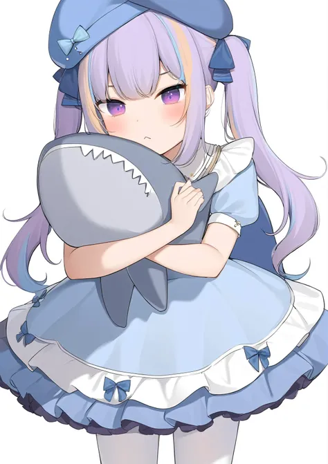 1girl, 
amashiro natsuki, 
bow, stuffed toy, hat, frilled dress, solo, purple hair, blue dress, :<, closed mouth, virtual youtuber, short sleeves, stuffed shark, stuffed animal, twintails, long hair, blue hat, simple background, streaked hair, purple eyes, hugging object, puffy short sleeves, pantyhose, hair bow, white background, blush, looking at viewer, blue hair, dress, blue bow, white pantyhose, multicolored hair, puffy sleeves, frills, 
masterpiece, best quality, absurdres, highres, safe
 <lora:amashiro_natsuki_image341_2024-03-28_a31-000030:1>