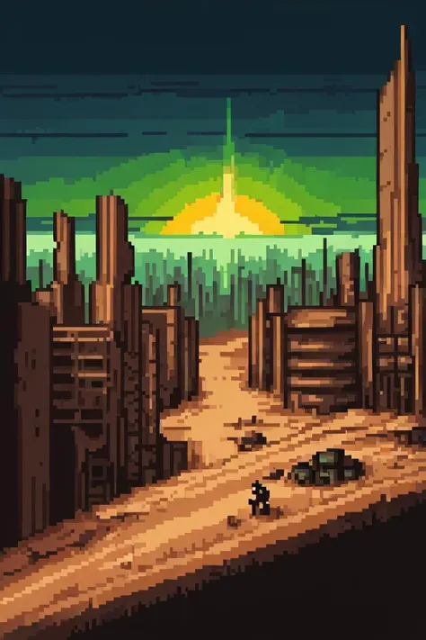 Score_8_up, score_7_up, Score_9, pixel art, BREAK, no humans, landscape, ruins, city, post apocalypse, nuclear explosion