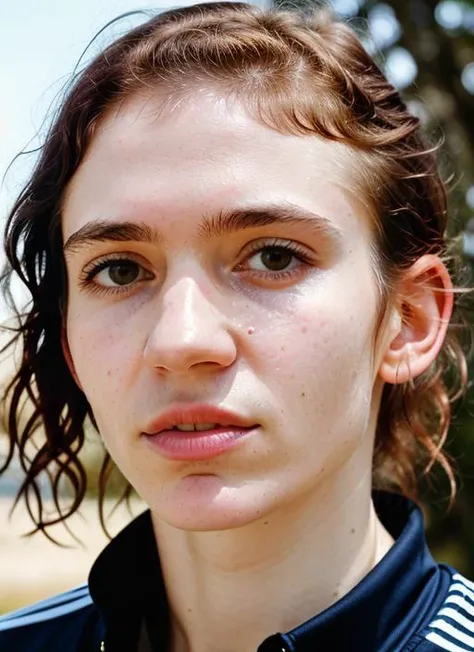 A stunning intricate color close up portrait of (sks woman:1) , wearing adidas blouse, epic character composition, sharp focus, natural lighting, subsurface scattering, f2, 35mm, film grain, , by Gerda Taro, <lora:lora-small-grimes-v1:1>