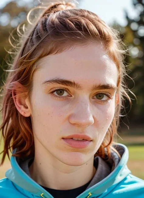 A stunning intricate color close up portrait of (sks woman:1) , wearing Graphic sweatshirt and jogger pants, epic character composition, sharp focus, natural lighting, subsurface scattering, f2, 35mm, film grain, , by Dorothea Lange, <lora:lora-small-grimes-v1:1>