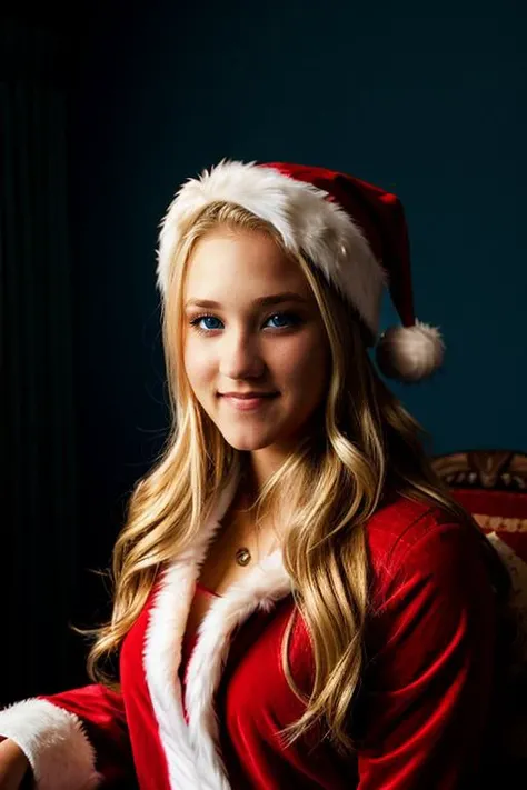 <lora:Emily_Osment:1> e1873o, 1girl, solo, long_hair, blue_eyes, blonde_hair, santa outfit