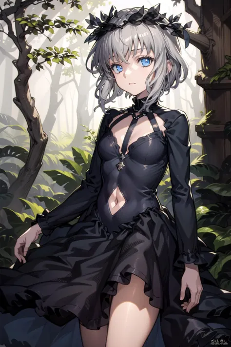 1girl, masterpiece, best quality, highly detailed, illustration, am isuel, outdoors, forest, black dress, navel cutout, standing, <lora:Isuel:0.7>