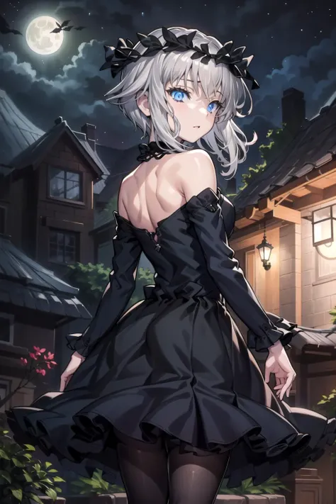 1girl, masterpiece, best quality, highly detailed, illustration, am isuel, outdoors, night, stars, moon, black dress, pantyhose, from behind, looking back, surprised, <lora:Isuel:0.7>