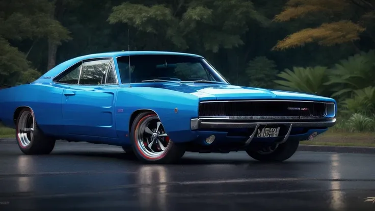 DCHRG68 CAR , ultrarealistic raw photo of blue Dodge Charger 1968, ultra hd, best quality, very beautiful jungle in autumn rain, charm, highly detailed car, highly detailed wheels, Photorealism, Professional lighting, high quality, sharp, dehaze, far angel,highly detailed, full of life, Lively and energetic, 8K, highly detailed car headlights, highly detailed car rims, highly detailed Car front bumper , {{{{{1car}}}}}