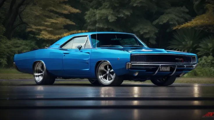 DCHRG68 CAR , ultrarealistic raw photo of blue Dodge Charger 1968, ultra hd, best quality, very beautiful jungle in autumn rain, charm, highly detailed car, highly detailed wheels, Photorealism, Professional lighting, high quality, sharp, dehaze, far angel,highly detailed, full of life, Lively and energetic, 8K, highly detailed car headlights, highly detailed car rims, highly detailed Car front bumper , {{{{{1car}}}}}