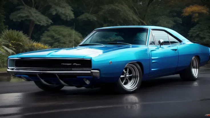 DCHRG68 CAR , ultrarealistic raw photo of blue Dodge Charger 1968, ultra hd, best quality, very beautiful jungle in autumn rain, charm, highly detailed car, highly detailed wheels, Photorealism, Professional lighting, high quality, sharp, dehaze, far angel,highly detailed, full of life, Lively and energetic, 8K, highly detailed car headlights, highly detailed car rims, highly detailed Car front bumper , {{{{{1car}}}}}