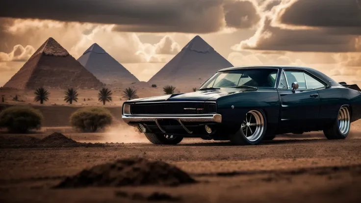 DCHRG68 CAR , ultrarealistic raw photo of black Dodge Charger 1968, ultra hd, best quality, three pyramids of Giza_appear clearly in autumn rain, charm, highly detailed car, highly detailed wheels, Photorealism, Professional lighting, high quality, sharp, dehaze, far angel,highly detailed, full of life, Lively and energetic, 8K, highly detailed car headlights, highly detailed car rims, highly detailed Car front bumper, rays of sun flow beyond heavy clouds, HDR, mud ground, {{{{{1car}}}}}