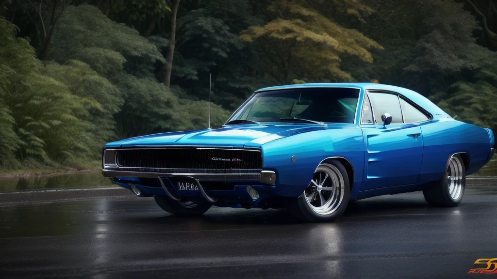 DCHRG68 CAR , ultrarealistic raw photo of blue Dodge Charger 1968, ultra hd, best quality, very beautiful jungle in autumn rain, charm, highly detailed car, highly detailed wheels, Photorealism, Professional lighting, high quality, sharp, dehaze, far angel,highly detailed, full of life, Lively and energetic, 8K, highly detailed car headlights, highly detailed car rims, highly detailed Car front bumper , {{{{{1car}}}}}