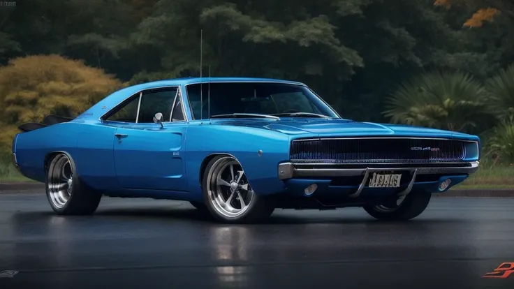 DCHRG68 CAR , ultrarealistic raw photo of blue Dodge Charger 1968, ultra hd, best quality, very beautiful jungle in autumn rain, charm, highly detailed car, highly detailed wheels, Photorealism, Professional lighting, high quality, sharp, dehaze, far angel,highly detailed, full of life, Lively and energetic, 8K, highly detailed car headlights, highly detailed car rims, highly detailed Car front bumper , {{{{{1car}}}}}
