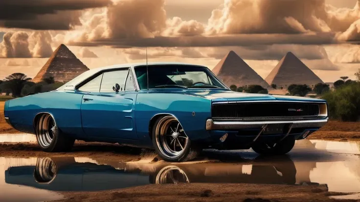 DCHRG68 CAR , ultrarealistic raw photo of  fasting speed white Dodge Charger 1968, ultra hd, best quality, three pyramids of Giza_appear clearly in autumn rain, water flood, charm, highly detailed car, highly detailed wheels, Photorealism, Professional lighting, high quality, sharp, dehaze, far angel,highly detailed, full of life, Lively and energetic, 8K, highly detailed car headlights, highly detailed car rims, highly detailed Car front bumper, rays of sun flow beyond heavy clouds, HDR, mud ground, fast and furious movie, {{{{{1car}}}}}
