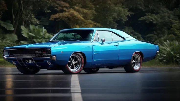 DCHRG68 CAR , ultrarealistic raw photo of blue Dodge Charger 1968, ultra hd, best quality, very beautiful jungle in autumn rain, charm, highly detailed car, highly detailed wheels, Photorealism, Professional lighting, high quality, sharp, dehaze, far angel,highly detailed, full of life, Lively and energetic, 8K, highly detailed car headlights, highly detailed car rims, highly detailed Car front bumper , {{{{{1car}}}}}