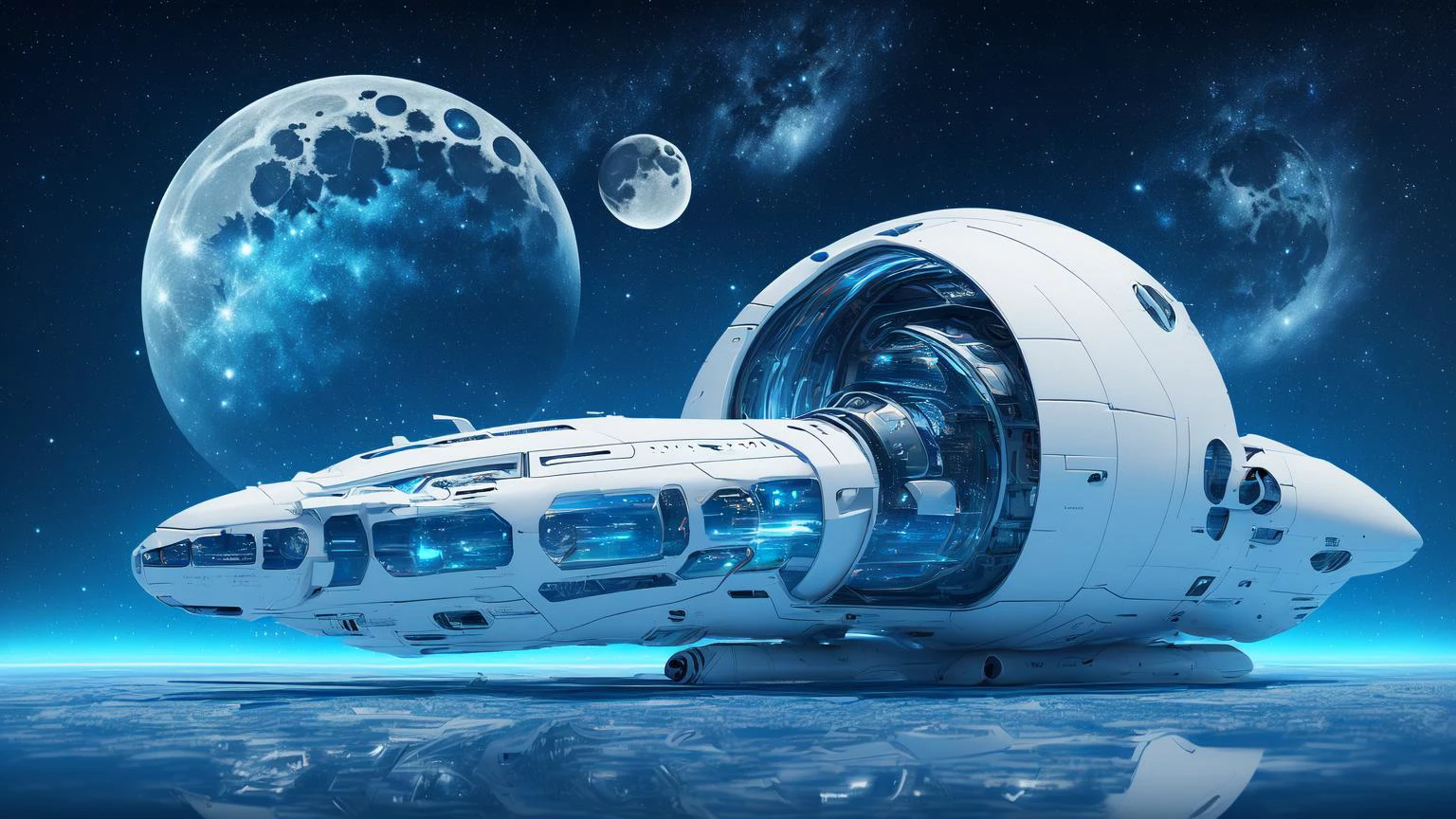 a retro futuristic small white and blue spaceship, in space, moon, stars