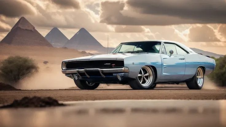 DCHRG68 CAR , ultrarealistic raw photo of silver Dodge Charger 1968, ultra hd, best quality, three pyramids of Giza_appear clearly in autumn rain, charm, highly detailed car, highly detailed wheels, Photorealism, Professional lighting, high quality, sharp, dehaze, far angel,highly detailed, full of life, Lively and energetic, 8K, highly detailed car headlights, highly detailed car rims, highly detailed Car front bumper, rays of sun flow beyond heavy clouds, HDR, mud ground, {{{{{1car}}}}}