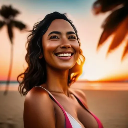 medium shot of gorgeous nora_ant, in bikini, smiling, sensual, in bikini at beach, drinking a coctail, on sunset light, sunset shadows of palms, photorealistic, photo, masterpiece, realistic, realism, photorealism, high contrast, photorealistic digital art trending on Artstation 8k HD high definition detailed realistic, detailed, skin texture, hyper detailed, realistic skin texture, armature, best quality, ultra high res, (photorealistic:1.4),, high resolution, detailed, raw photo, sharp re, by lee jeffries nikon d850 film stock photograph 4 kodak portra 400 camera f1.6 lens rich colors hyper realistic lifelike texture dramatic lighting unrealengine trending on artstation cinestill 800
