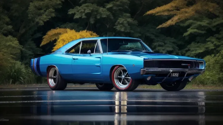 DCHRG68 CAR , ultrarealistic raw photo of blue Dodge Charger 1968, ultra hd, best quality, very beautiful jungle in autumn rain, charm, highly detailed car, highly detailed wheels, Photorealism, Professional lighting, high quality, sharp, dehaze, far angel,highly detailed, full of life, Lively and energetic, 8K, highly detailed car headlights, highly detailed car rims, highly detailed Car front bumper , {{{{{1car}}}}}