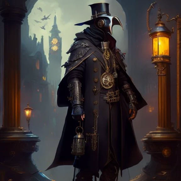 style plague doctor, gothic style, occult, villiage in background , steampunk, detailed and intricate, digital painting, artstation, concept art, illustration, vibrant, sharp focus, f33