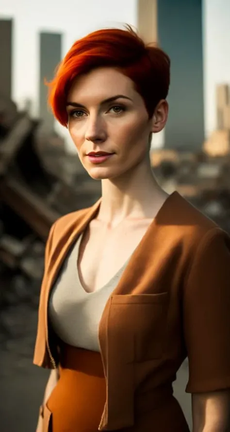 RAW photo, a close up portrait photo of 30 y.o woman in wastelander clothes, redhair, short haircut, pale skin, slim body, background is city ruins, (high detailed skin:1.2), 8k uhd, dslr, soft lighting, high quality, film grain, Fujifilm XT3