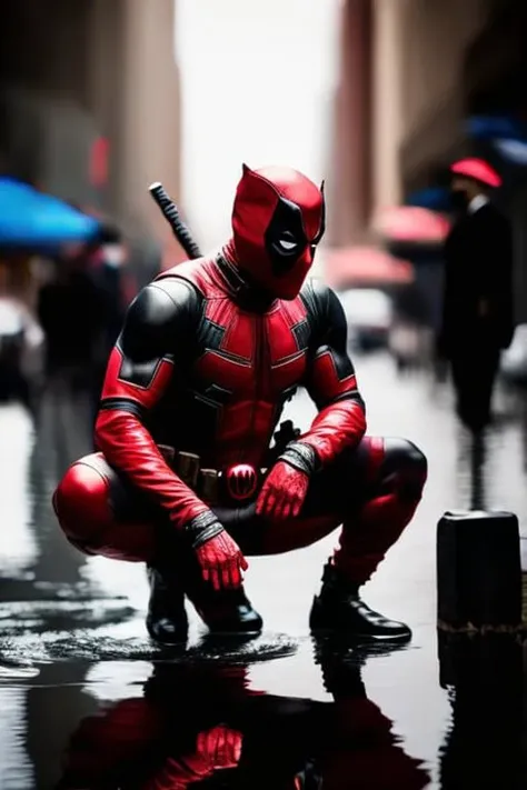 photo of deadpool kneeling on street, reflection mirrored amidst rippling water, vibrant red suit contrasting urban grime. Superhero meets introspection., intrincate, elegant, highly detailed, smooth, sharp focus, photorealistic, day light, katana