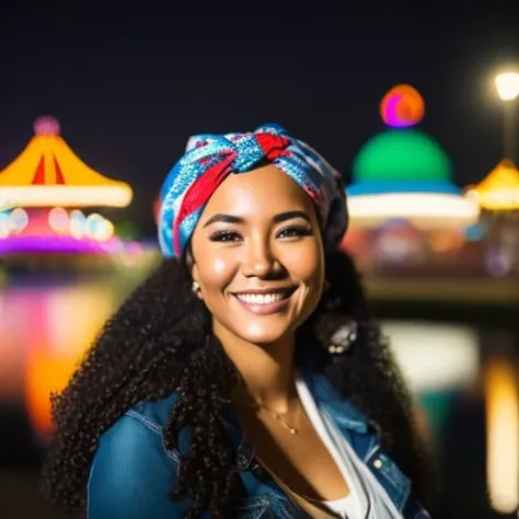 (portrait of a woman with a bandana on her head smiling at the camera in a carnival park at night ), city night lights, smiling, posing for a picture , jacket, long_hair, intricate high detail, (vibrant, photo realistic, realistic, sharp focus) ((film grain, skin details, high detailed skin texture, 8k hdr, dslr)), 8k uhd)), sharp detail, (high detailed skin:1.2), film grain, Fujifilm XT3, (high detailed face:1.1)