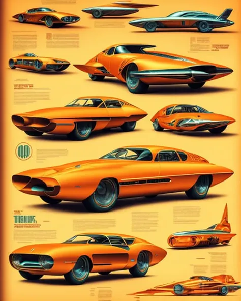 highly detailed infographic of retrofuturism cars found in popular mechanics magazine | vintage | intricate detail | digital art | digital painting | concept art | poster | award winning | max detail