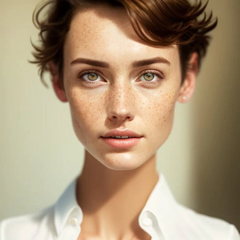 detailed and realistic portrait of a woman with a few freckles, round eyes and short messy hair shot outside, wearing a white t shirt, staring at camera, chapped lips, soft natural lighting, portrait photography, magical photography, dramatic lighting, photo realism, ultra-detailed, intimate portrait composition, Leica 50mm, f1. 4