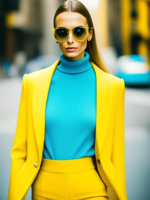 street style centered straight shot photo shot on of a woman dressed in Gucci, wearing a yellow turtleneck and a blue peacoat, natural lighting, Leica 50mm, f1. 4, soft natural lighting, portrait photography, magical photography, dramatic lighting, photo realism, ultra-detailed, intimate portrait composition