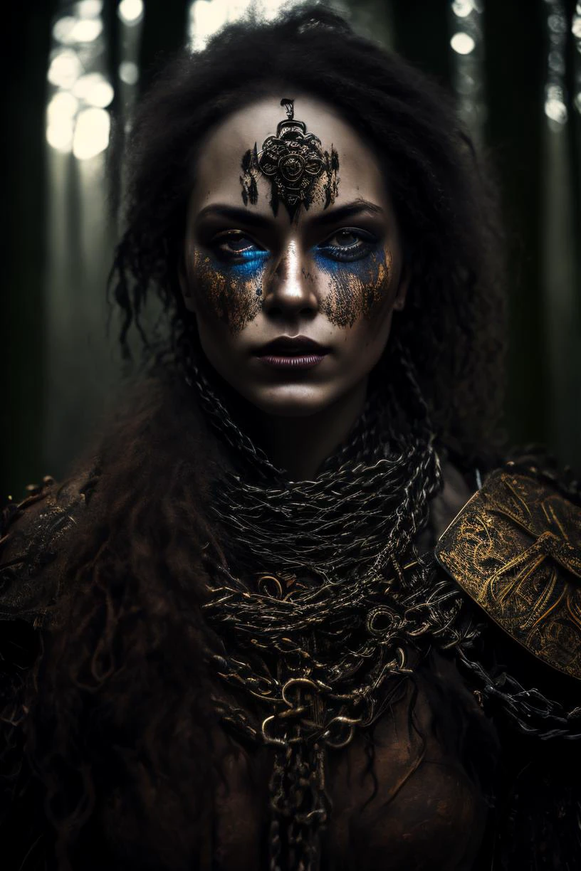 award winning ultradetailed raw not retouched documentary photo of a beautiful girl, in dirty and rusty armor. the face is dirty and cropped. baroque. raining in forest. medium shot, tighs, intricate, elegant, highly detailed, dramatic lights, 4 k, blemishes, freckles, deep skin pores, goosebumps, dirty skin, warpaint on the face, dirty uncombed hair, bra made of iron chains, rim lights