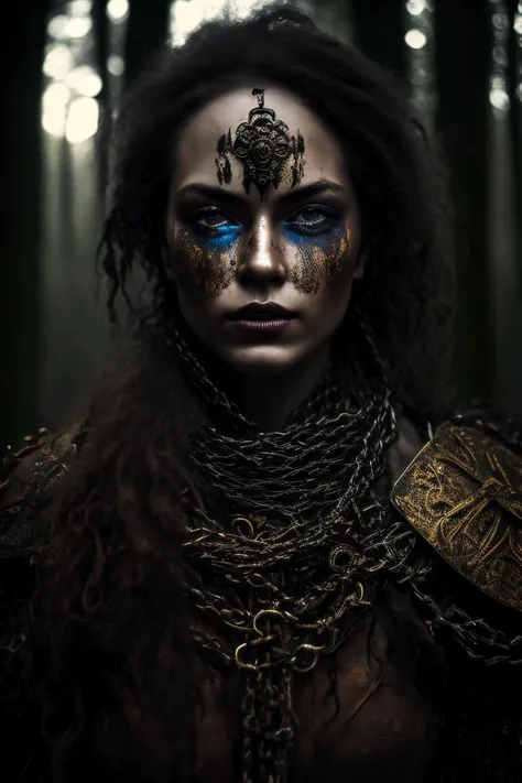 award winning ultradetailed raw not retouched documentary photo of a beautiful girl,  in dirty and rusty  armor. the face is dirty and cropped. baroque. raining in forest. medium shot, tighs, intricate, elegant, highly detailed, dramatic lights, 4 k, blemishes, freckles, deep skin pores, goosebumps, dirty skin, warpaint on the face, dirty uncombed hair, bra made of iron chains, rim lights