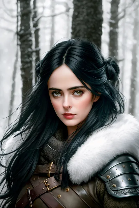 portrait painting of 1girl as nordic viking warrior, 1girl, jessicajones, black hair, wearing viking armor,detailed skin, fantasy, snowy nordic forest, modelshoot style, (extremely detailed CG), photo of beautiful artwork, (Antonio Moro), (Jeremy Mann), High Detail, Sharp focus, dramatic, oil painting, realistic   <lora:JessicaJonesV2:1>