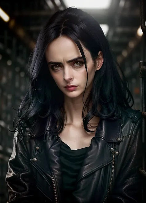 portrait of a beautiful woman, jessicajones, long black hair, half body, body, looking at viewer, high detailed skin, skin pores, sfw, leather jacket, (jail), 8k uhd, dslr, soft lighting, high quality, film grain, <lora:JessicaJonesV2:1>