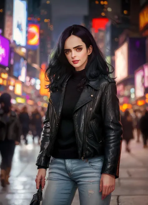 portrait of a beautiful woman, jessicajones, long black hair, half body, body, looking at viewer, high detailed skin, skin pores, light smile, sfw, leather jacket, 8k uhd, dslr, soft lighting, high quality, film grain, amazing city background, sidewalk, sunset, times square background, crowded street, <lora:JessicaJonesV2:1>