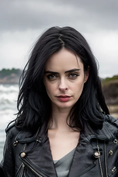 (b&w) photo of woman, jessicajones, long black hair, half body, body, looking at viewer, high detailed skin, skin pores, sfw, leather jacket, (coastline), overcast weather, wind, waves, 8k uhd, dslr, soft lighting, high quality, film grain, Fujifilm XT3   <lora:JessicaJonesV2:1>