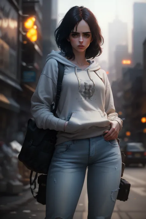8k, best quality, real picture, intricate details, ultra-detailed, ultra highres, depth field,(photorealistic,realistic:1.2), masterpiece,photo of 1girl, jessicajones, arms on hips, realistic, grey hoodie, jeans, black hair, lips, long hair, solo, ruined city background by lee jeffries, nikon d850, film stock, photograph 4 kodak portra 400 camera f1.6 lens, rich colors, hyper realistic, lifelike texture, dramatic lighting, unreal engine, trending on artstation, cinestill 800 <lora:JessicaJonesV2:1>