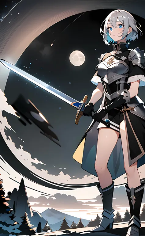 1girl, short hair, silver hair, blue eyes, armored dress, black dress, short sleeves, black gloves, black boots, sword, holding sword, nature, mountain, full moon, moonlight, night, night sky