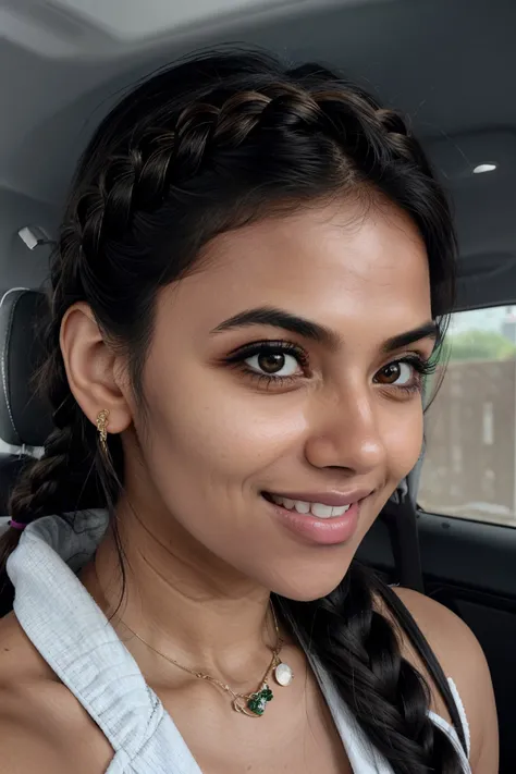 realistic photo of <lyco:sd15_ChhaviVerg_loha_64_v1-000007:1> ChhaviVerg, focus on eyes, close up on face, laughing, hair styled as zigzag braid, ND filter